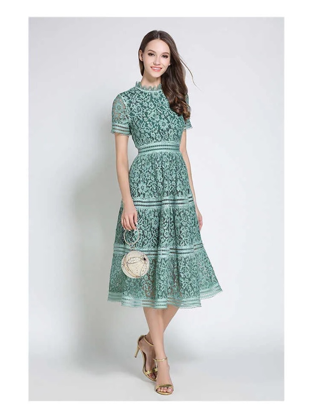Sage Lace Midi Dress with Scalloped Neckline - Women’s Midi Dress